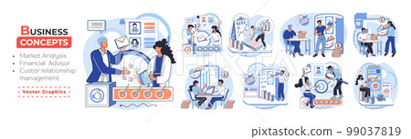 Market statistics analysis metaphor, financial advisor, customer relationship management business themes set 99037819
