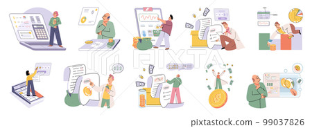 Set of people analyzing personal or corporate budget. Concept of finance accounting and calculation Set of people analyzing personal or corporate budget. Concept of finance accounting and calculation 99037826