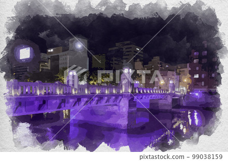 廣島縣廣島市京橋河畔水彩風格的京橋 99038159