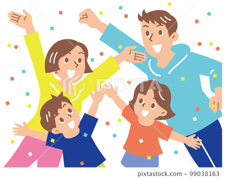 A family of four cheerfully smiling and doing a guts pose in the confetti 99038163