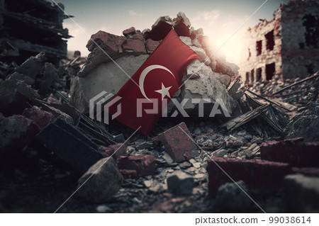 The Turkish flag over the state after the earthquake. Ruins, destruction, tragedy, disaster. High quality 3d illustration The Turkish flag over the state after the earthquake. Ruins, destruction, tragedy, disaster. High quality 3d illustration 99038614
