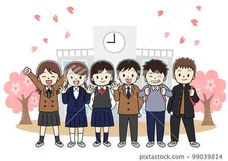 春天，櫻花和穿著校服的小學生，6人，有一條線 99039814