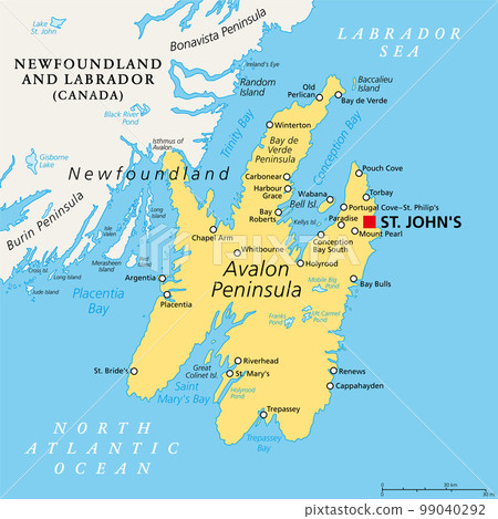 Avalon Peninsula, political map. Southeast portion of island of Newfoundland, off the coast of mainland North America, part of Canadian province of Newfoundland and Labrador, with capital St. John's. 99040292