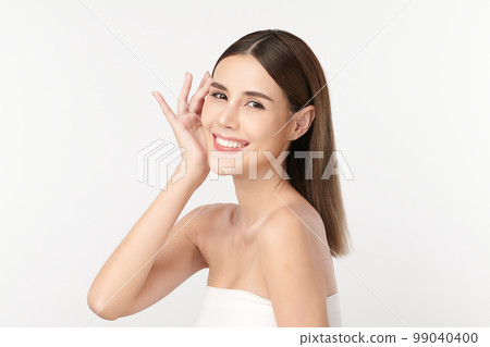 Beautiful young asian woman with clean fresh skin on white background, Face care, Facial treatment, Cosmetology, beauty and spa, Asian women portrait. 99040400