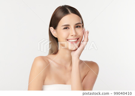Beautiful young asian woman with clean fresh skin on white background, Face care, Facial treatment, Cosmetology, beauty and spa, Asian women portrait. Beautiful young asian woman with clean fresh skin on white background, Face care, Facial treatment, Cosmetology, beauty and spa, Asian women portrait. 99040410