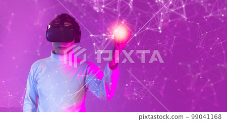 Man in white long sleeve t shirt wearing vr headset pose watching, touching digital virtual reality world, playing, connecting game online on pink background. Metaverse and Technology conceopt.. Man in white long sleeve t shirt wearing vr headset pose watching, touching digital virtual reality world, playing, connecting game online on pink background. Metaverse and Technology conceopt.. 99041168