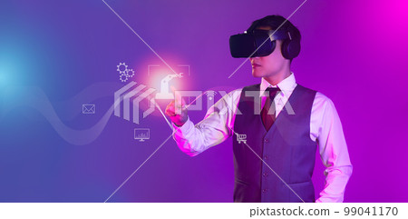 Businessman wearing vr headset, finger touching on icon, control virtual reality world. Business and technology concept. Businessman wearing vr headset, finger touching on icon, control virtual reality world. Business and technology concept. 99041170