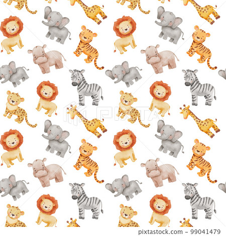 Childish seamless pattern with safari animals. Cute elephant, hippo and giraffe in cartoon style. Watercolor african baby wild animals on white background. Childish seamless pattern with safari animals. Cute elephant, hippo and giraffe in cartoon style. Watercolor african baby wild animals on white background. 99041479
