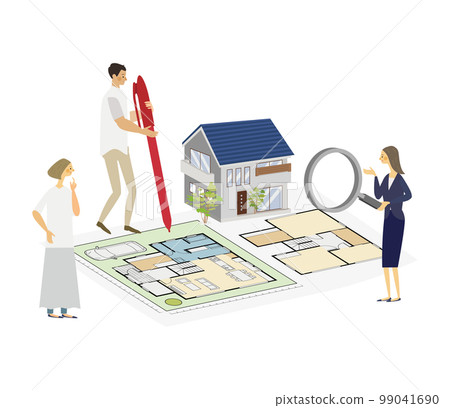 A couple and a person in charge who think about the floor plan of my home 99041690
