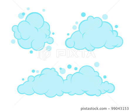 Soap foam set with bubbles. Carton light blue suds of bath water, shampoo, shaving, mousse. Vector illustration isolated on white background. Soap foam set with bubbles. Carton light blue suds of bath water, shampoo, shaving, mousse. Vector illustration isolated on white background. 99043153