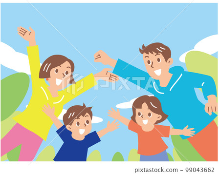 A cheerful family of four jumping happily with the blue sky in the background 99043662