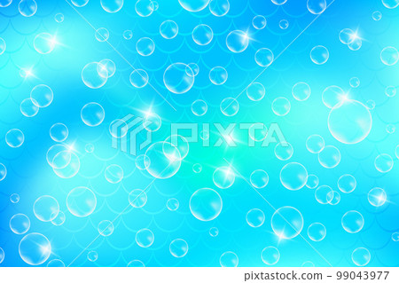 Mermaid blue background with fish scale pattern and soap bubbles. Cyan pearl print. Underwater abstract cartoon wallpaper for banner, invitation and holidays. Kawaii vector texture. 99043977