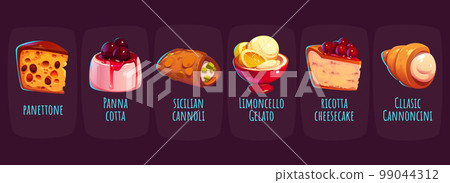 Italian desserts and cakes, cannoli, panna cotta 99044312