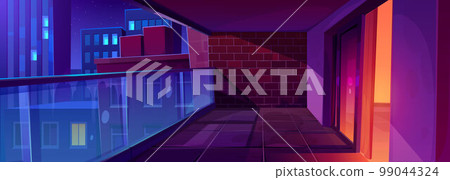 Empty night balcony interior with red brick wall 99044324