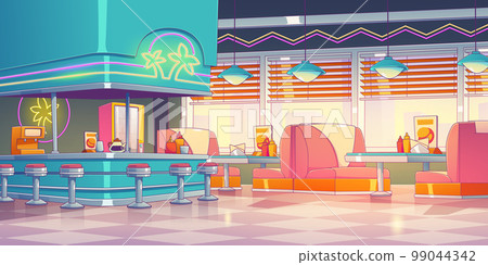 Retro restaurant, diner interior with bar counter Retro restaurant, diner interior with bar counter 99044342