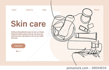 Skin care concept. Landing page template. Morning routine. Bath time. Organic products for scrubbing and body skin care with natural herbal skin care products, top view. Vector illustration 99044634