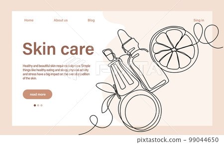Skin care concept. Landing page template. Morning routine. Bath time. Organic products for scrubbing and body skin care with natural herbal skin care products, top view. Vector illustration 99044650