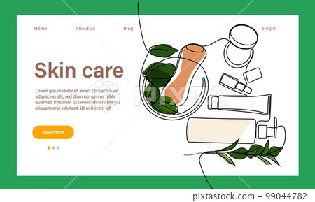 Skin care concept. Landing page template. Morning routine. Bath time. Organic products for scrubbing and body skin care with natural herbal skin care products, top view. Vector illustration 99044782