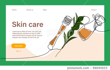 Skin care concept. Landing page template. Morning routine. Bath time. Organic products for scrubbing and body skin care with natural herbal skin care products, top view. Vector illustration Skin care concept. Landing page template. Morning routine. Bath time. Organic products for scrubbing and body skin care with natural herbal skin care products, top view. Vector illustration 99044833