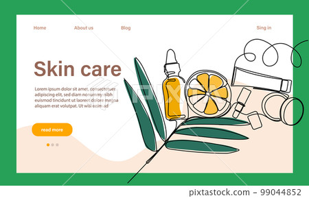Skin care concept. Landing page template. Morning routine. Bath time. Organic products for scrubbing and body skin care with natural herbal skin care products, top view. Vector illustration 99044852