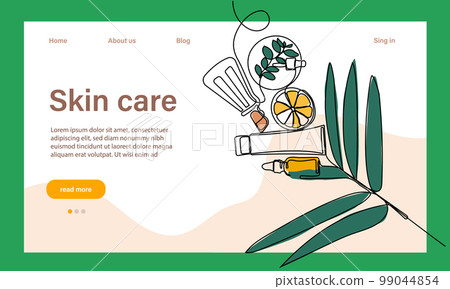 Skin care concept. Landing page template. Morning routine. Bath time. Organic products for scrubbing and body skin care with natural herbal skin care products, top view. Vector illustration Skin care concept. Landing page template. Morning routine. Bath time. Organic products for scrubbing and body skin care with natural herbal skin care products, top view. Vector illustration 99044854