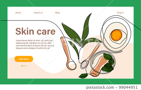 Skin care concept. Landing page template. Morning routine. Bath time. Organic products for scrubbing and body skin care with natural herbal skin care products, top view. Vector illustration 99044951