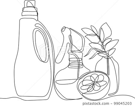 Continuous one line drawing of bottles for liquid laundry detergent, bleach, fabric softener, dishwashing liquid or another cleaning agent. Easy to place your text and brand logo. Vector illustration Continuous one line drawing of bottles for liquid laundry detergent, bleach, fabric softener, dishwashing liquid or another cleaning agent. Easy to place your text and brand logo. Vector illustration 99045203