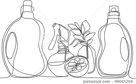 Continuous one line drawing of bottles for liquid laundry detergent, bleach, fabric softener, dishwashing liquid or another cleaning agent. Easy to place your text and brand logo. Vector illustration 99045204