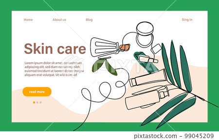 Skin care concept. Landing page template. Morning routine. Bath time. Organic products for scrubbing and body skin care with natural herbal skin care products, top view. Vector illustration Skin care concept. Landing page template. Morning routine. Bath time. Organic products for scrubbing and body skin care with natural herbal skin care products, top view. Vector illustration 99045209
