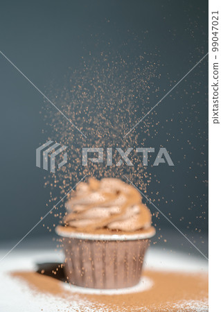 Cupcake on a dark background, which is sprinkled on top. Cupcake on a dark background, which is sprinkled on top. 99047021