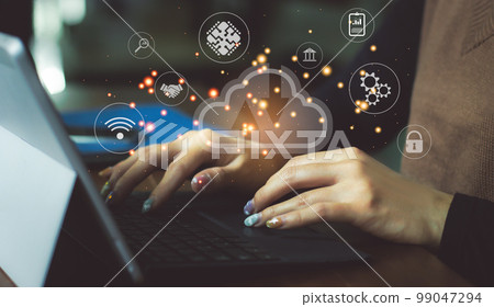 Technology and Business. Businesswoman using loptop control and download upload file to online cloud server.. Technology and Business. Businesswoman using loptop control and download upload file to online cloud server.. 99047294