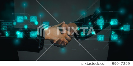 Business and Technology. Businessman and Businesswoman shake hands blurred background, green digital and interface icon. banner design 99047299