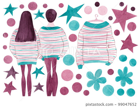 A couple in love holds hands. Back view. Festive set of two people and a striped sweater on a hanger surrounded by stars and confetti. Isolated illustration for your design. Ideal for stickers 99047652