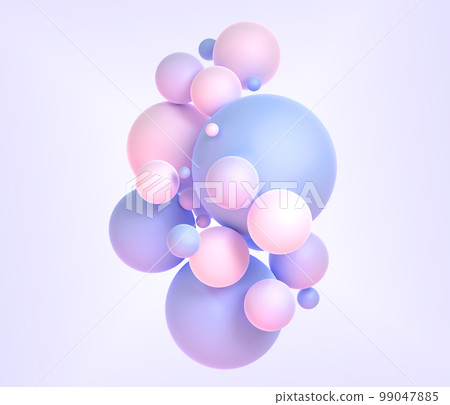 Abstract background with geometric spheres 3d render. Holographic balls with gradient texture, colorful composition of flying pink blue circle balloons on purple backdrop Abstract background with geometric spheres 3d render. Holographic balls with gradient texture, colorful composition of flying pink blue circle balloons on purple backdrop 99047885