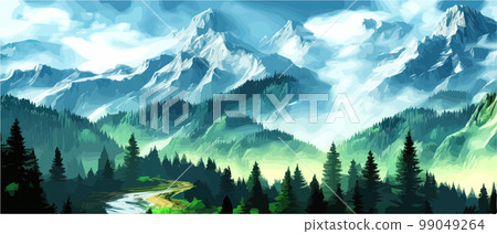 Foggy mountains with coniferous forest vector illustration. Smokey rocky panorama with mountain mountains and silhouettes for pine forest. landscape panorama from Pine mountain forest. with copy space Foggy mountains with coniferous forest vector illustration. Smokey rocky panorama with mountain mountains and silhouettes for pine forest. landscape panorama from Pine mountain forest. with copy space 99049264