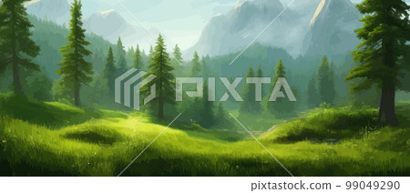 Vector horizontal landscape with fog, forest, mountains, morning sunlight. Illustration panoramic view, fogs silhouettes. Nice wallpaper, background, banner, cover, poster. natural clean landscape 99049290