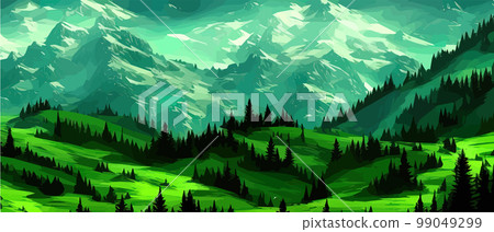 Foggy mountains with coniferous forest vector illustration. Smokey rocky panorama with mountain mountains and silhouettes for pine forest. landscape panorama from Pine mountain forest. with copy space 99049299