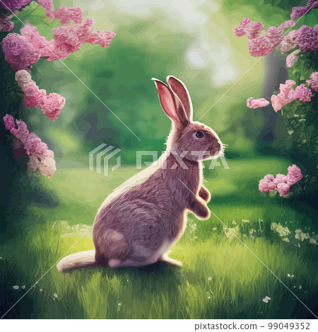 Happy Easter, cute beautiful Easter Bunny in a sunny meadow in flowers decorated Easter card, greeting card. in pastel colors. Modern minimal style. Spring flower illustration. 99049352