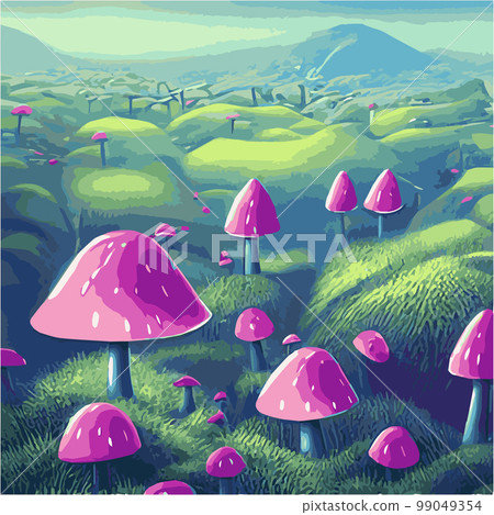 Surreal rowing landscape vector illustration. Enchanted forest with mushrooms magic. meadow with colorful mushrooms fantasy style. Beautiful magic mushrooms lost forest and fireflies background fog  99049354