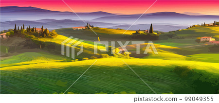 Foggy mountains with coniferous forest vector illustration. Smokey rocky panorama with mountain mountains and silhouettes for pine forest. landscape panorama from Pine mountain forest. with copy space Foggy mountains with coniferous forest vector illustration. Smokey rocky panorama with mountain mountains and silhouettes for pine forest. landscape panorama from Pine mountain forest. with copy space 99049355