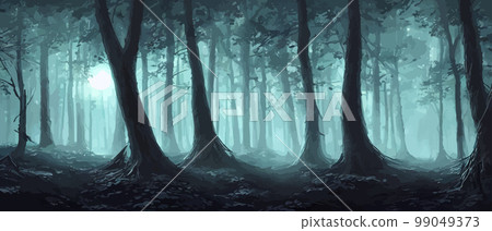misty forest. Dark tree silhouette. Tree tricks in the blue mist. Fog in the night forest vector illustration banner. Spooky forest with full moon and floor. Without leaves and branches of autumn. 99049373