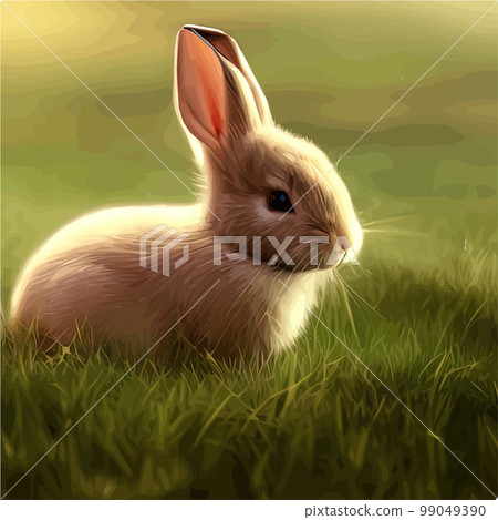 Cute little rabbit for Easter spring holiday , Vector spring holiday .Easter landscape , Wildlife forest, park, meadow and farm animals. Nice rabbit sitting on the meadow grass grass 99049390