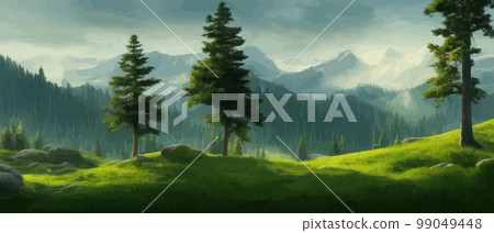 Vector horizontal landscape with fog, forest, mountains, morning sunlight. Illustration panoramic view, fogs silhouettes. Nice wallpaper, background, banner, cover, poster. natural clean landscape 99049448