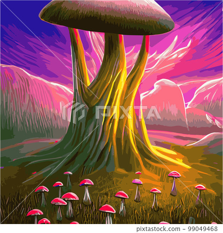 Surreal rowing landscape vector illustration. Enchanted forest with mushrooms magic. meadow with colorful mushrooms fantasy style. Beautiful magic mushrooms lost forest and fireflies background fog  99049468