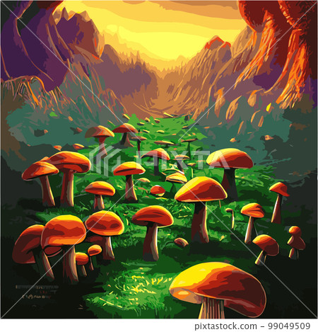 Surreal rowing landscape vector illustration. Enchanted forest with mushrooms magic. meadow with colorful mushrooms fantasy style. Beautiful magic mushrooms lost forest and fireflies background fog Surreal rowing landscape vector illustration. Enchanted forest with mushrooms magic. meadow with colorful mushrooms fantasy style. Beautiful magic mushrooms lost forest and fireflies background fog 99049509