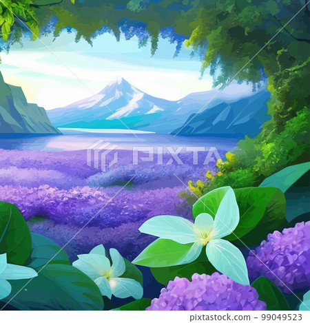 Mountain spring landscape, mountains with snowy peaks lilac flower bushes, Cartoon flat springlnature, green grassland meadow with flowers, forests, beautiful spring day mountains, vector illustration Mountain spring landscape, mountains with snowy peaks lilac flower bushes, Cartoon flat springlnature, green grassland meadow with flowers, forests, beautiful spring day mountains, vector illustration 99049523
