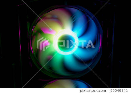 Computer cooler with RGB LED light. Computer circuit board and CPU cooling fans illuminated Computer cooler with RGB LED light. Computer circuit board and CPU cooling fans illuminated 99049541