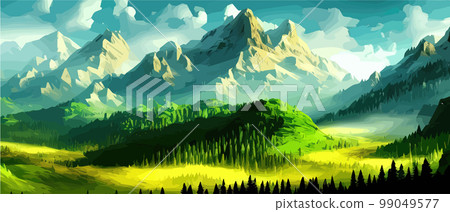 Foggy mountains with coniferous forest vector illustration. Smokey rocky panorama with mountain mountains and silhouettes for pine forest. landscape panorama from Pine mountain forest. with copy space 99049577