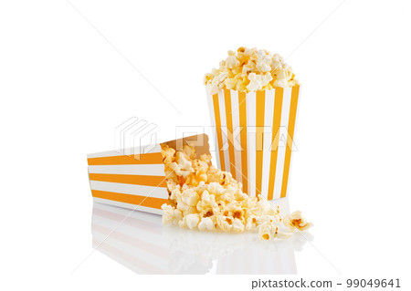 Two yellow white striped carton buckets with tasty cheese popcorn, isolated on white background 99049641
