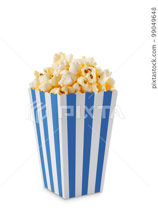 Blue white striped carton bucket with tasty cheese popcorn, isolated on white background 99049648